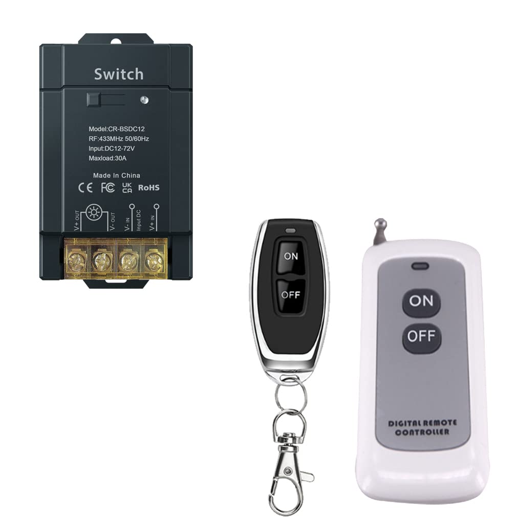 COLOROCK Wireless Remote Control Switch, DC 12V/24V/48V/72V/30A RF Remote Switch for Pump Security Systems Door Curtain Gate Barriers with 328-1600ft Long Range (12V-72V-30A Relay/2 Remote)