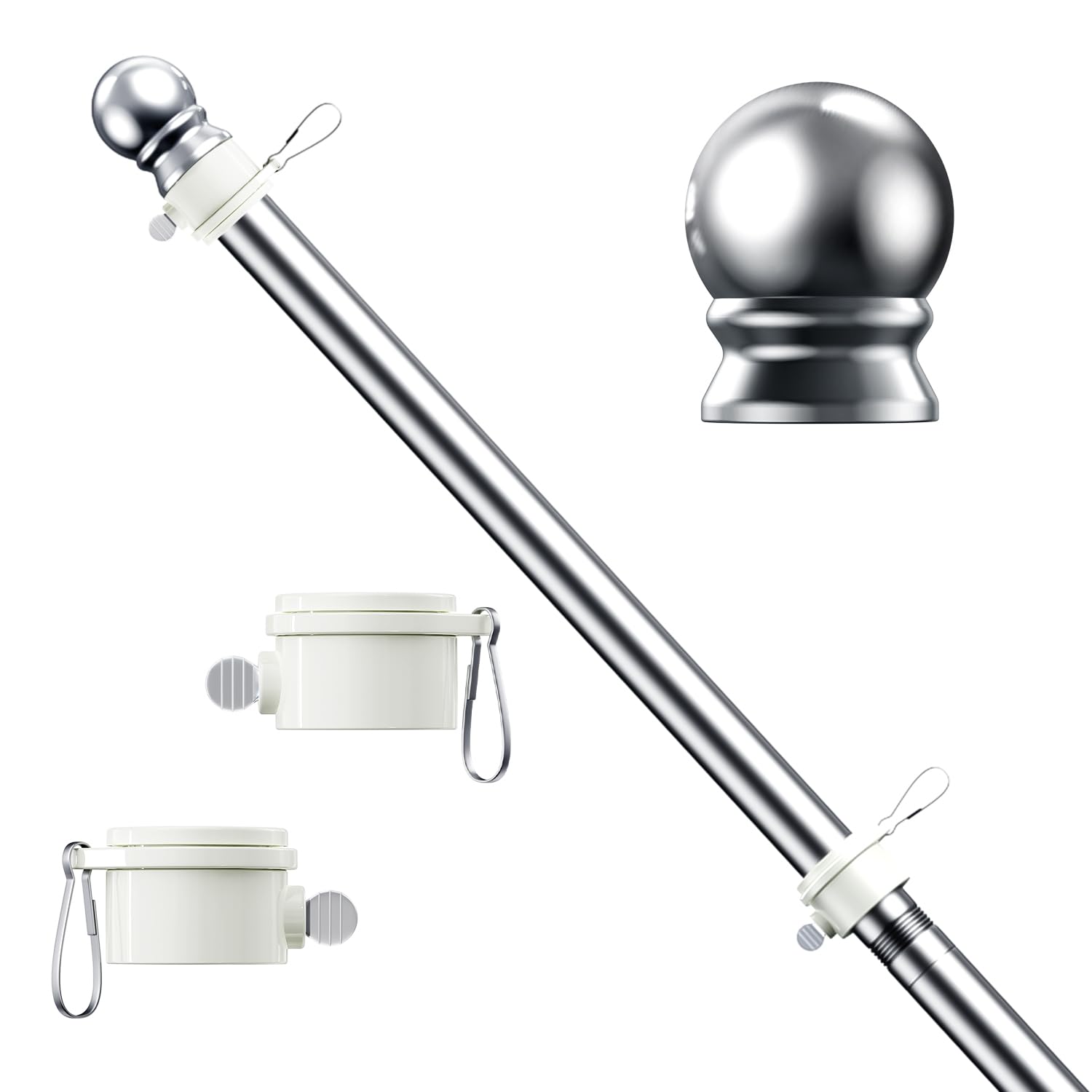 Photo 1 of hogardeck 5 FT Silver Flag Pole, Tangle Free Spinning Stainless Steel Flagpole, Suitable for 3x5 Heavy Garden Flag 1" Dia Flag Pole for House, Wall-Mounted (without Bracket)