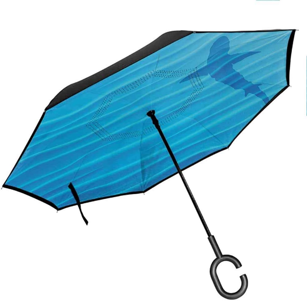 Sailboat Windproof Umbrella Yacht at The Ocean Comes Nearer a Thunderstorm with Rain and Lightning Art Print Hands-Free C-Shape Handle for UV Protection & Rain, Blue Grey