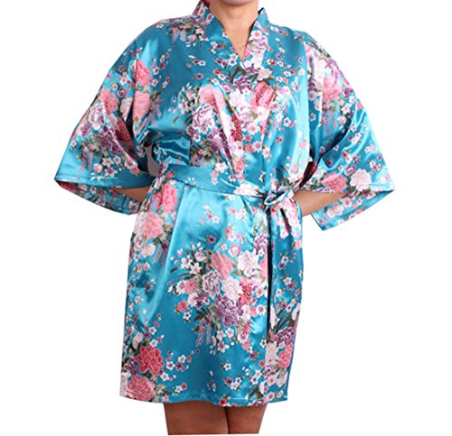 ACVIP Women's Peony Japanese Satin 3/4 Sleeves Kimono Bathrobe Large
