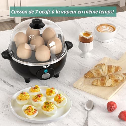 Cuiseur Oeuf, cuisinier d'œufs de 360 W, 7 œufs faciles à peler, œufs mollets, œufs moyens, œufs durs, poached, cuiseur vapeur, buzzer, lumière indicatrice, sans BPA