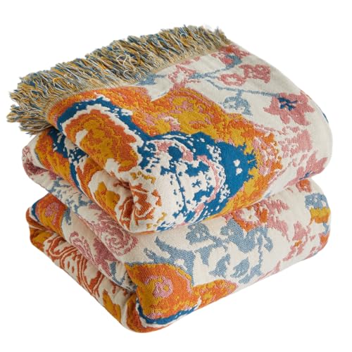 Bailix Premium Boho Tagesdecke 100% Baumwolle Kuscheldecke mit Fransen Doppelseitige Musselin Boho Decke 200x230cm, Kuschelige Sofadecke & Bettüberwur