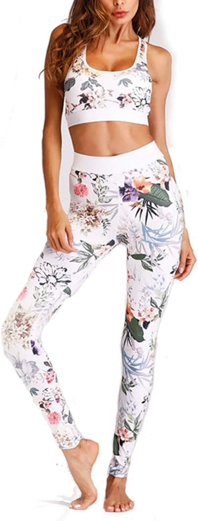 Women's Sportswear 2 Piece Tracksuit Vest Crop Top Leggings Boho Floral Print Stretch-Fit Yoga Jogging Gym Wear Set Fitness Training Outfit