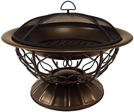 Catalina Creations Durable Round Steel Wood Burning Outdoor Fire Pit with Spark Screen Guard, Log Grate, Screen Lifting Tool and Antique Bronze Finish, 29" L