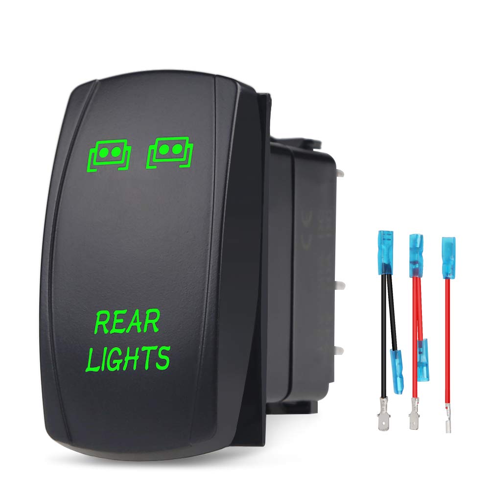 WATERWICH 5 Pin Rear Lights Illuminated Rocker Toggle Switch Waterproof with Jumper Wires Set DC 20A 12V/10A 24V Black Shell/ON-Off SPST Rocker Switch for Auto Truck Boat Marine RV Off Road
