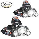 2 Pack Brightest and Best High Powered Lumen Bright Headlight Headlamp Flashlight Torch 3 XM-L2 T6 LED with Rechargeable Batteries and Wall Charger for Hiking Camping Riding Fishing Hunting