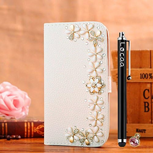 Locaa(TM) For Samsung Galaxy Mega 2 Mega2 3D Bling Case + Touch stylus + Anti-dust ear plug Deluxe Luxury Crystal Pearl Diamond Rhinestone eye-catching Beautiful Leather Retro Support bumper Cover Card Holder Wallet Cases -[General series] flowers door