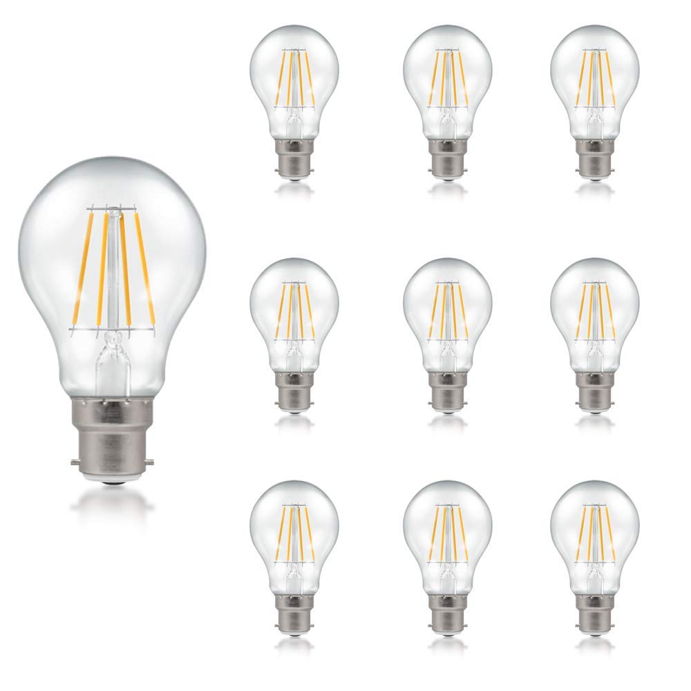 Crompton Lamps LED GLS 7.5W BC-B22d Dimmable Filament (10 Pack) (60W Equivalent) 2700K Warm White Clear 806lm BC Bayonet B22 Multipack Light Bulbs