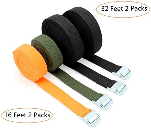TSellk 32' x 1" and 16' x 1" straps, With Metal Bundle Clasp,Car Top Cargo Lashing Strap, Maximum Tensile Strength of 800 Lbs, 4 Packages in Black Bag, Black/Yellow/Grass Green