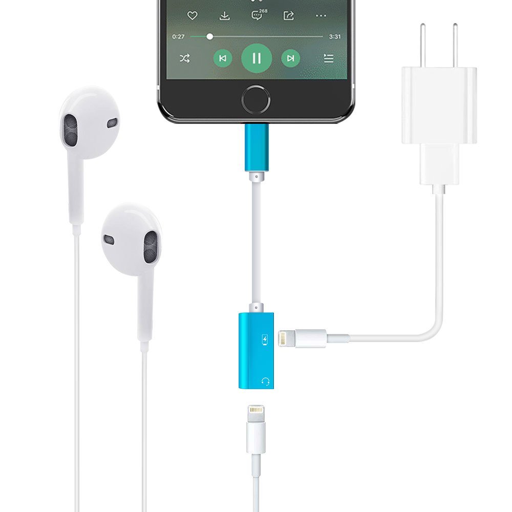 iPhone Dual Lightning Adapter Splitter - Power Trend 2 in 1 Earphone Adapter for iPhone X 7 8 Plus Headphone Jack Audio Music Calling Sync Charging Cable (Blue)