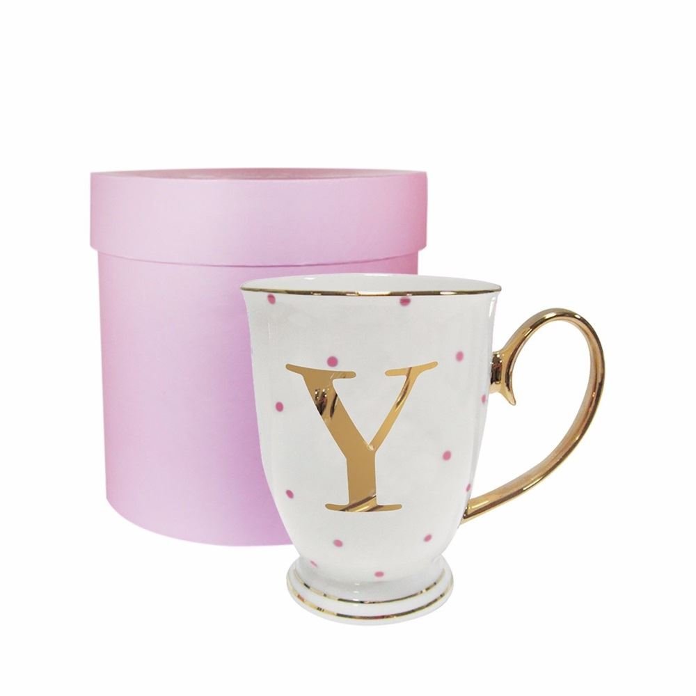 Bombay Duck 13 x 13 x 12 cm Letter Y Alphabet Spotty Metallic Mug with Fuchsia Spots, White/Gold