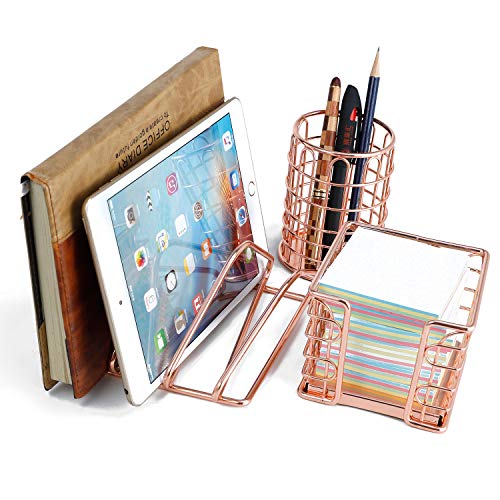 Miukada Desk Organizer Set,Desk Accessories 5 in 1. Includes Letter Sorter, Pencil Cup Holder, Stick Note Holder, Hanging File Organizer and Letter Tray for Office, School or Home(Rose Gold)