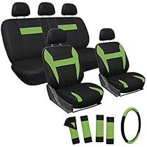 OxGord 17pc Set Flat Cloth Mesh Original Seat Cover Set- Airbag - Front Low Back Bucket Seats - Universal Fit for Car, Truck, SUV, Van - Steering Wheel Cover (Lime Green/ Black)