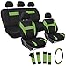 Oxgord 17pc Set Flat Cloth Mesh / Green & Black Auto Seat Covers Set - Airbag Compatible - Front Low Back Buckets - 50/50 or 60/40 Rear Split Bench - 5 Head Rests - Universal Fit for Car, Truck, Suv, or Van - FREE Steering Wheel Cover