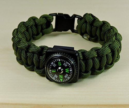 Olive Green 550 Lb Paracord Survival Bracelet with a Black Compass and Buckle.