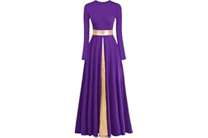 ELLYDOOR Women's Praise Dance Dress Metallic Waistband Long Swing Liturgical Worship Church Robe Dress Lyrical Dancewear
