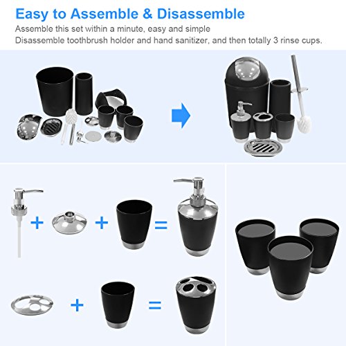 Black Bathroom Accessories Set 6 Pieces Plastic Bathroom Accessories Toothbrush Holder, Rinse Cup, Soap Dish, Hand Sanitizer Bottle, Waste Bin, Toilet Brush with Holder - Thumbnail 3