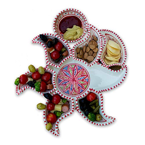 Kamsah 8 Piece Star Dippers Plate Set & Serving Platter, Custom Hand-Painted Ceramic Serving Dishes and Trays for Celebrations, Parties and Events (Small, Bohemian Red)