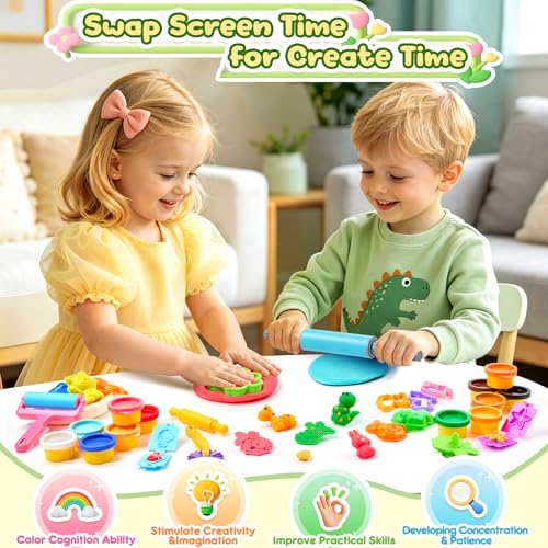 BYHANO 39 Pieces Playdough Set, Tools Plasticine for Children with 12 Colours of Dough, Plasticine Molds with 3D Dinosaurs and Animals, Gift from 3 Years