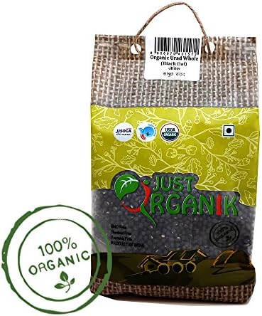Just Organik Black Gram (Urad Whole) 2 lbs (908 gm), 100% Organic, GMO Free, Chemical Free, Pesticide Free, USDA Certified