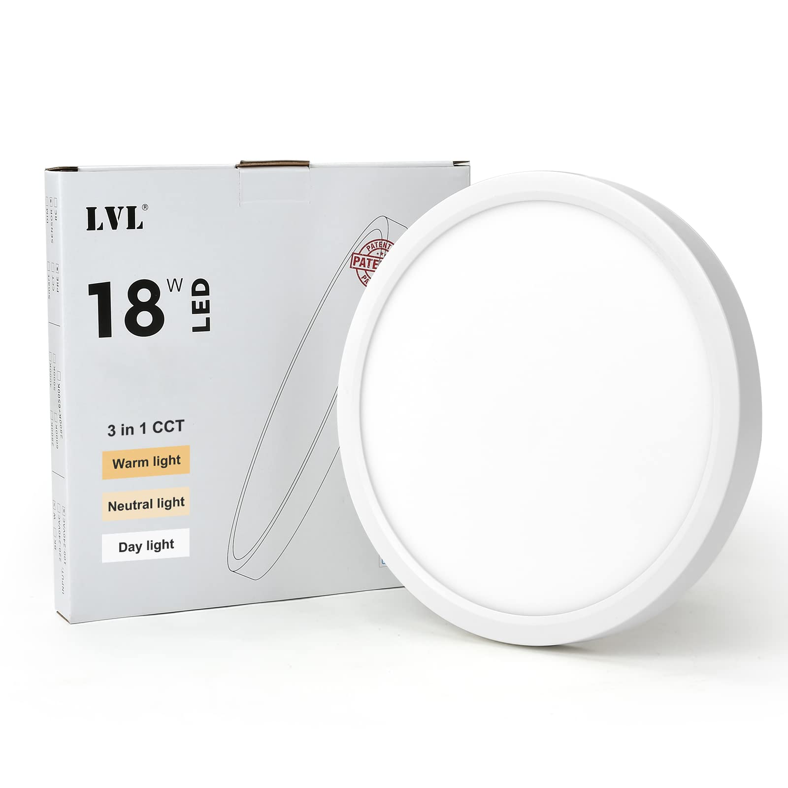 LVL LED Round Ceiling Light, 18W 9inch, CCT 3 Lighting Colors, Modern Flush Ceiling Lights for Hallway, Corridor, Kitchen, Bedroom, Utility Room, Office(White, Φ23cm-18W)