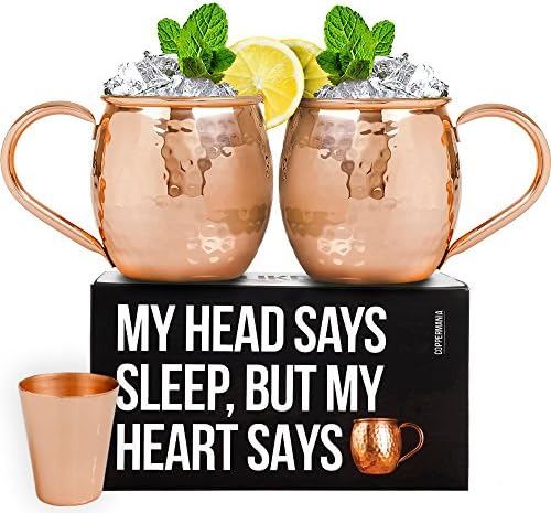 100% Copper Moscow Mule Mugs Set (16 oz) -- Heavy Weight -- Includes 2 Copper Cups with Food-Safe Lacquer -- 3 Coasters and Copper Shot Glass