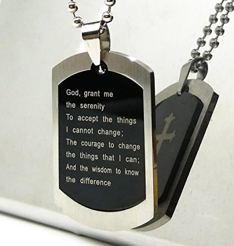Double Sided Serenity Prayer and Designer Cross Stainless Steel Dog TAG Pendant and Beads Chain Necklace