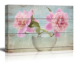 Two Flowers Posed in a Clear Glass Vase - Rustic Floral Arrangements - Pastels Colorful Beautiful - Wood Grain Antique - Canvas Art Home Art - 12x18 inches