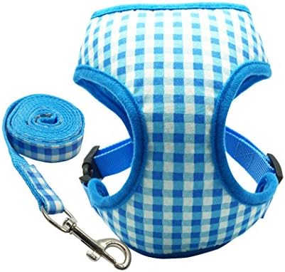 FUNPET Dog Cat Harness Soft Mesh Checkered Vest No Pull for Small Pet and Puppy with a Leash Blue S