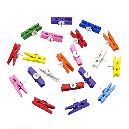 PINCHUANG 40 Pcs Push Pins with Wooden Clips Pushpins Tacks Thumbtacks Creative Paper Clips with Pins for Cork Boards Artworks Notes Photos Wall and Craft Projects (S-1)