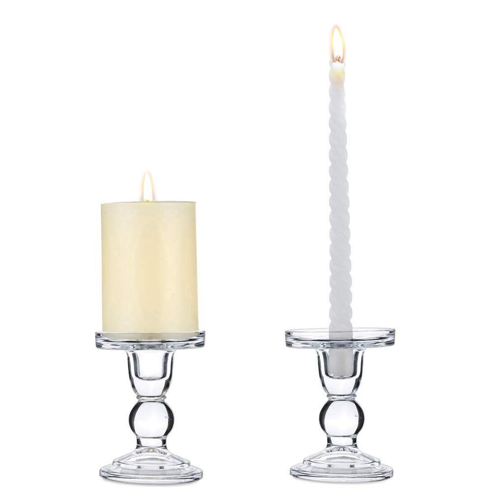 NUPTIO 2 Pcs Clear Glass Pillar Taper Candle Holder, 11.5cm Height Dual Uses Candlestick Stand for Pillar or Taper Candlesticks, Christmas Candle Holder Decorations for Wedding Party Halloween