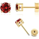 Hypoallergenic Flat Back 5A CZ Stud Earrings, Gold Plated Surgical Steel Secure Screw Back Cartilage Earrings for Women Men with Sensitive Ears | Multiple Piercing, 3-8mm CZ