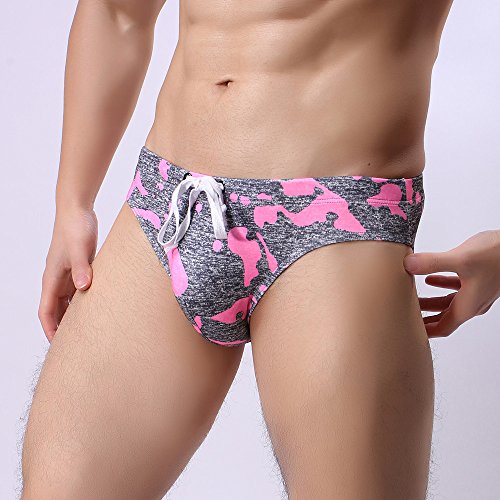 Mens Swimwear Camo Bikini Swimsuit Swim Briefs Truncks Drawstring Triangle Shorts Swimming Thong Bathing Suit (Pink, S)