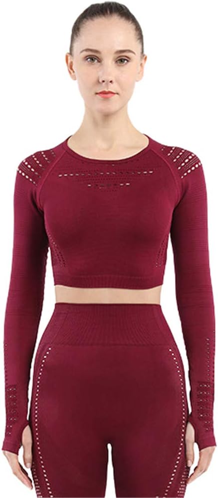 Womens Eyelet Gym Crop Tops Seamless Sports Running Shirts Long Sleeve with Thumb Hole