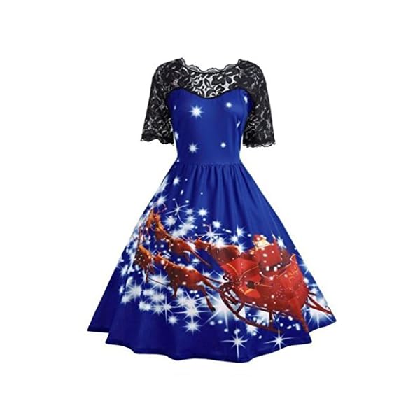 Elogoog Women's Short Sleeve Christmas 3D Print Lace Party Swing Dress Plus Size
