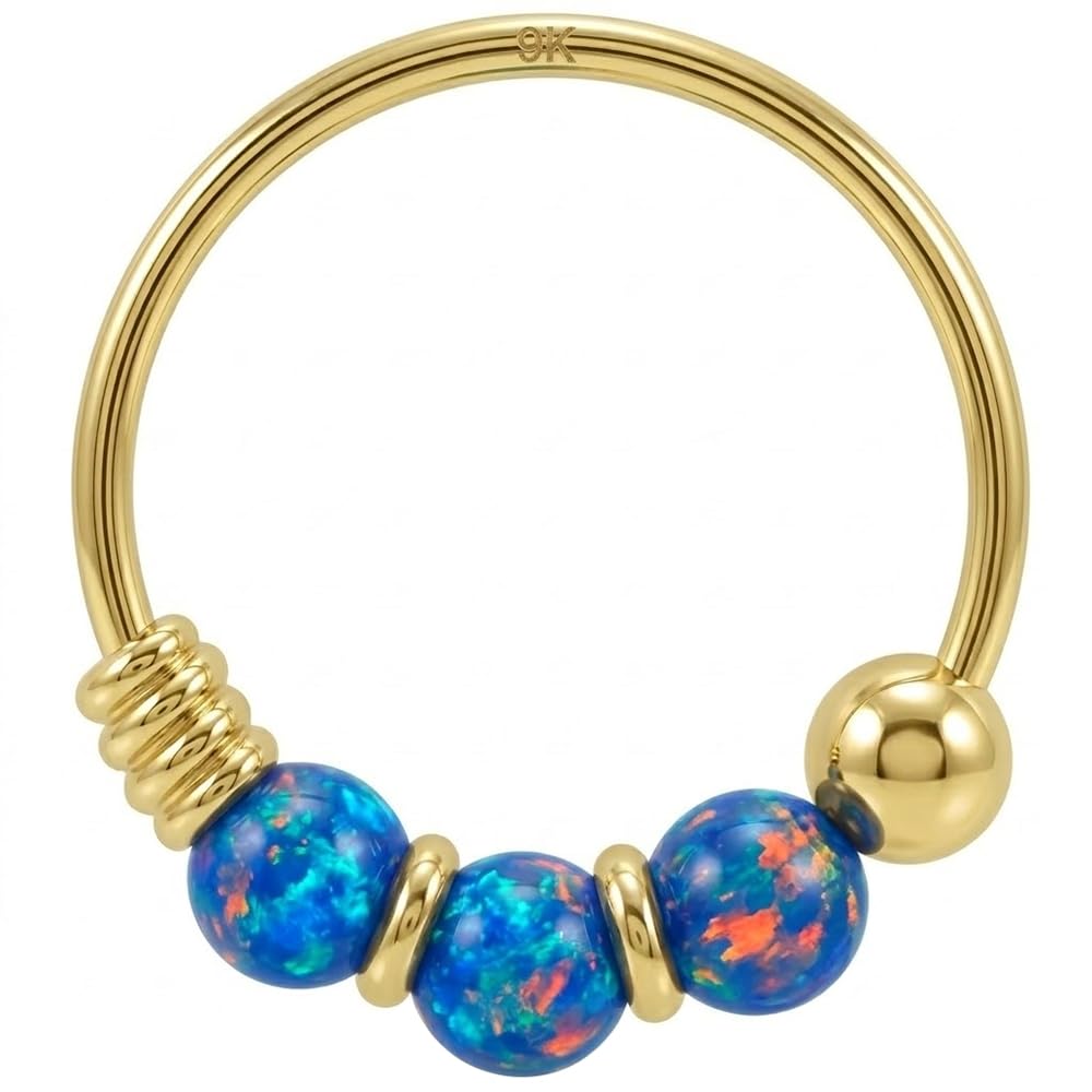 AZARIO LONDON 9K Solid Yellow Gold Triple Blue Opal Bead 22 Gauge Hoop Nose Ring Nose Piercing Jewellery