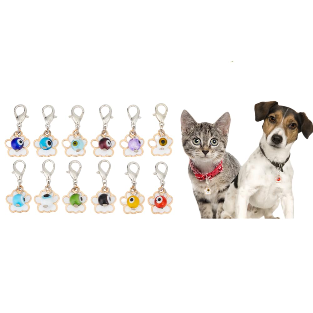 DELORIGIN 12pcs Evil Eye Collar Pendants for Cat Dog Lucky Jewelry Charms Alloy Dog Paw Pet Collar Pendants Key Chain with Evil Eye Beads Jewelry Clip-on Charms for Bag Necklace Bracelet Home Decor