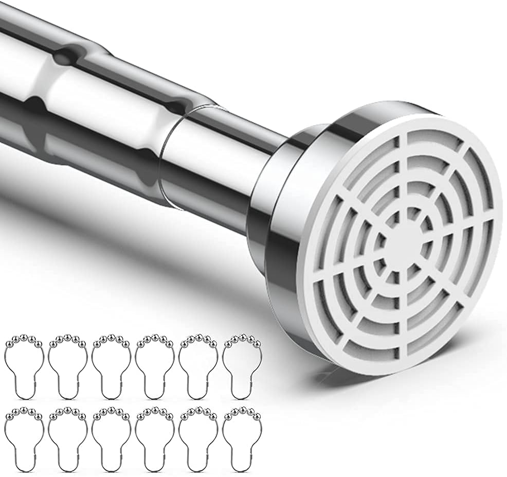 CovertSafe Shower Curtain Rod, 24-42 inch Adjustable Tension Spring, Shower Curtain Rod Tension, Premium 304 Stainless Steel, No Rust, No Drilling, Anti-Slip, Easy to use，Free Send 12 Hooks…