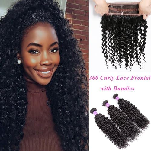 YoungFace 8A 360 Curly Lace Frontal with Bundles Brazilian Kinky Curly Virgin Hair 3 Bundles with 360 Lace Frontal 100% Unprocessed Hair Extensions Natural Color (14 16 18+12 360 frontal)