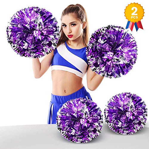 ANALAN 21 Colors Pack of 2 Foil Plastic Metallic Cheerleading Pom Poms for Cheer Sport Kids Adults(Purple and Silver)
