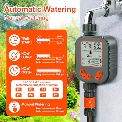 Battery Powered Irrigation Programmer, Irrigation Timer with Rain Sensor and 8 Separate Watering Modes Automatic/Manual Computer Irrigation for Garden, Lawn, Patio, Farm