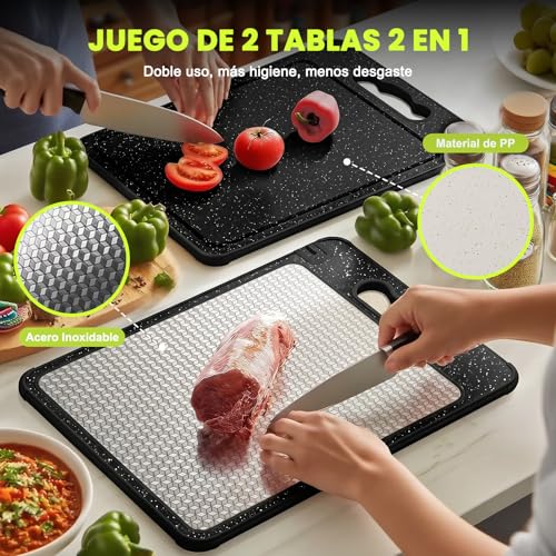 2PCS Tabla para Picar de Doble(Acero Inoxidable+PP)–36.5×25CM,Titanium Cutting Board,Tabla de Cortar Cocina para Carne,Frutas,Verduras,Colgable,Lavavajillas,Duradera y Anticorrosiva