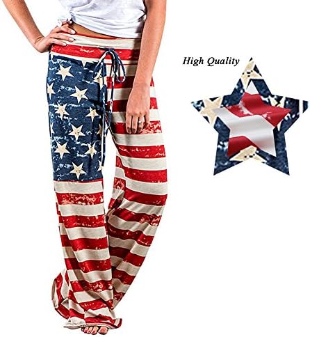 American USA Flag Womens Patriotic Wide Leg High Waist Pants Ladies Casual Loose Drawstring Trousers