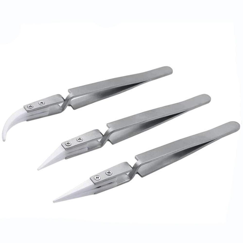 Bestgle 3pcs Ceramic Tweezers Set, Precision Stainless Steel Antistatic Pointed Tweezers Kit for Electronics, Jewelry-Making and Laboratory Work