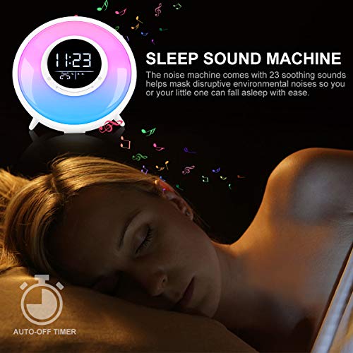 All -in-One Wake Up Light Alarm Clock with FM Radio, White Noise Sound Machine,Sleep Timer,10 Color Night Light & 23 Soothing Sounds