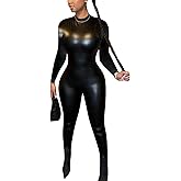 ksotutm Long Sleeve Jumpsuit for Women Sexy Leather Bodycon One Piece Black Jumpsuit Party Club Jumpsuits