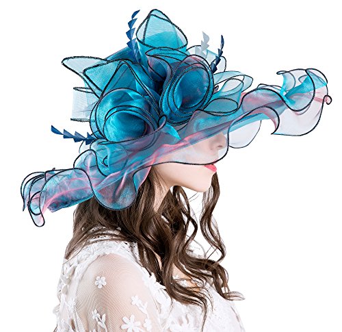 Obosoyo Women Foldable Organza Church Derby Hat Ruffles Wide Brim Summer Beach Sea Sun Hats Blue - Thumbnail 2