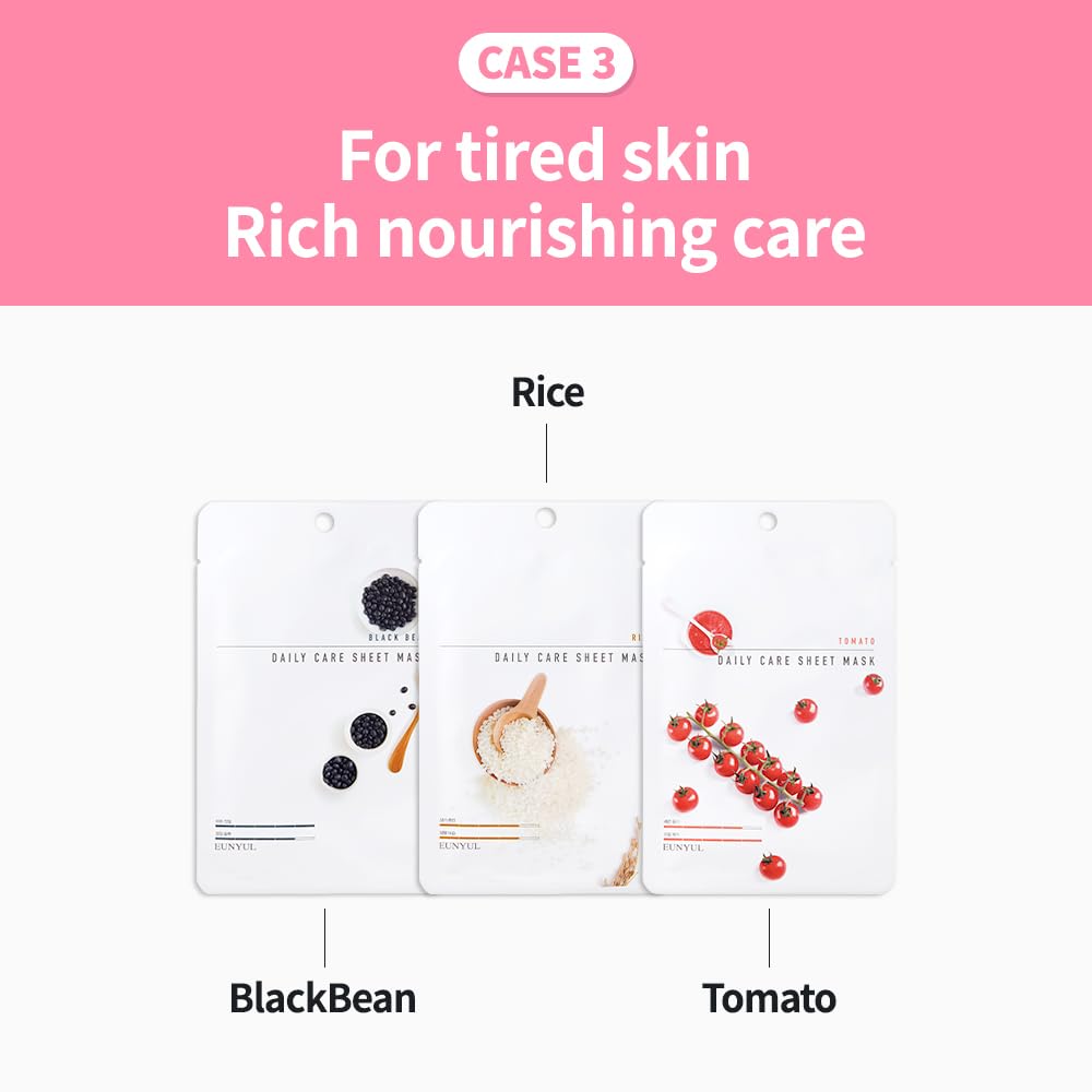 EUNYUL [PACK OF 12] Daily Care Facial Sheet Mask Pack 12 types Korean Skincare Hydrating & Nourishing & Natural Ingredients for All Skin Types