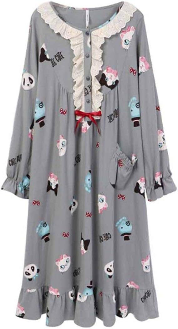 Amazon 春秋 ルームワンピース ネグリジェ レディース パジャマ 長袖 襟なし 可愛い 女の子 姫 レース スイート 猫柄 パンダ柄 おしゃれ 綿100 肌に優しい 部屋着 寝巻き お風呂 ゆったり ワンピース カジュアル ルームウェア 上質 プレゼント ギフト ルーム