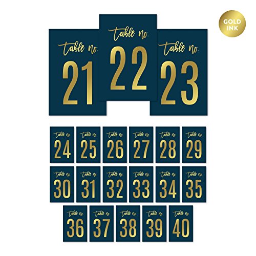 Andaz Press Navy Blue with Gold Metallic Ink Wedding Party Collection, Table Numbers 21 - 40 on Perforated Paper, Single-Sided, 4 x 6-inch, 1 Set